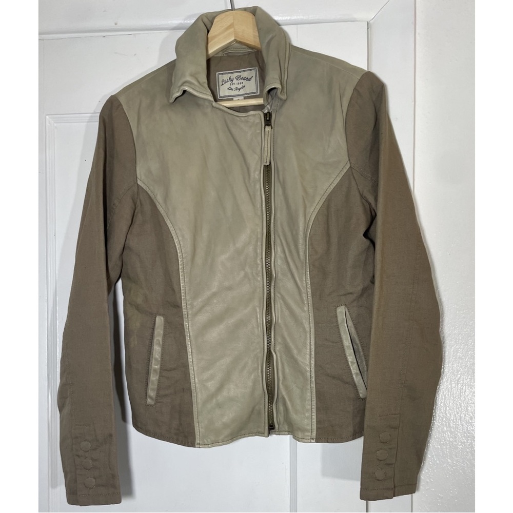 Lucky Brand Women's Taupe Lamb Leather & Linen Paneled Moto Jacket ~ sz Small